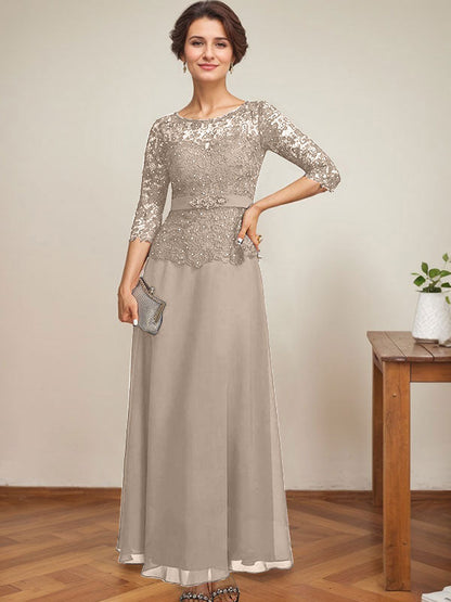 A-Linie, U-Ausschnitt, Illusion, knöchellang, Chiffon, Spitze, Kleid für die Brautmutter mit Strass-Perlen 