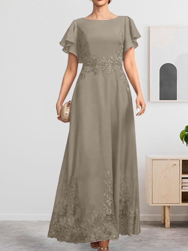 Robe de mère de la mariée en mousseline de soie à dentelle, longueur cheville, en forme trapèze avec décolleté arrondi et paillettes