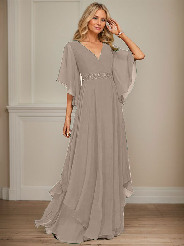 A-Linie V-Ausschnitt Bodenlang Chiffon Kleid für die Brautmutter mit Pailletten Applikationen Spitze Perlen 