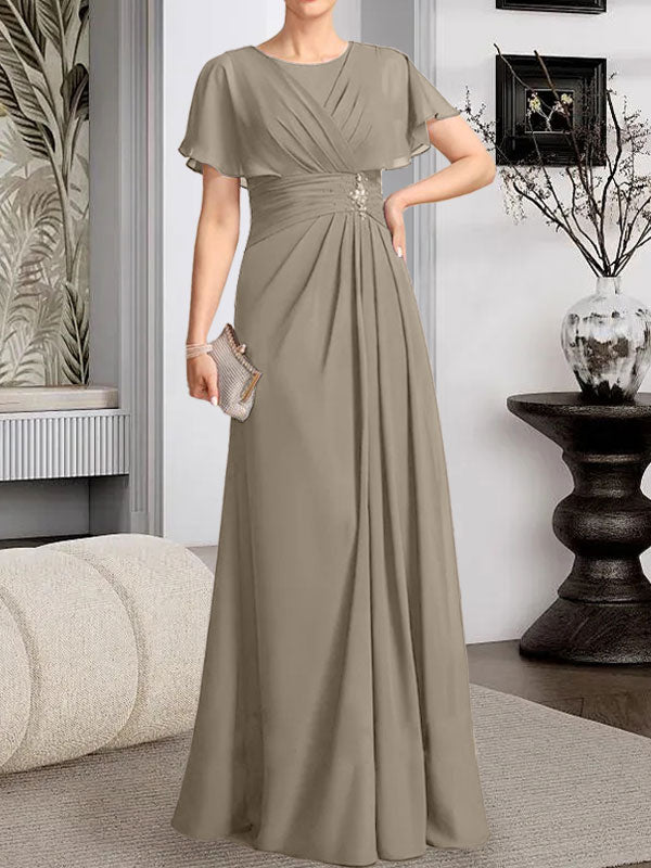 Robe de mère de la mariée en mousseline, longueur au sol, en ligne A, décolleté arrondi, ornée de perles plissées