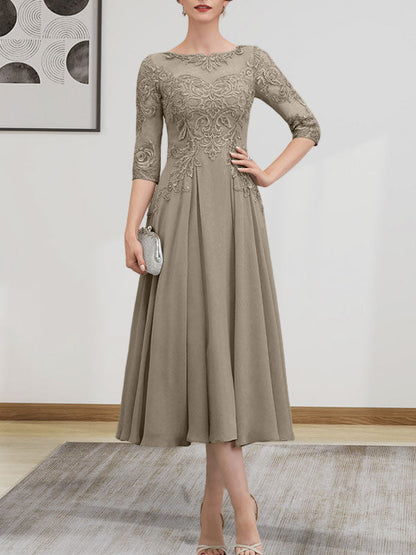 A-Linie, U-Ausschnitt, Illusion, knielang, Chiffon, Spitze, Kleid für die Brautmutter mit Perlen und Pailletten