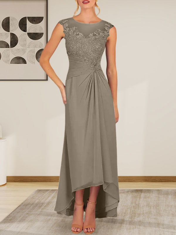 Champagne A-Line Scoop Lace Chiffon Dress