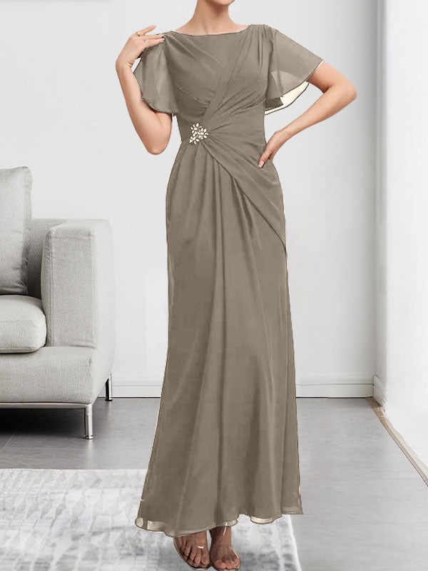 Robe de mère de la mariée en mousseline, longueur cheville, en ligne A, encolure dégagée, ornée de perles et plissée