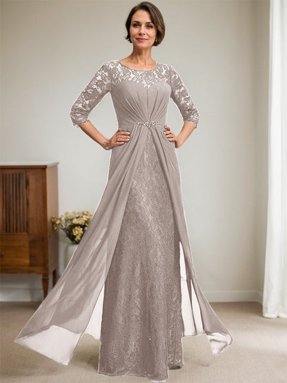A-Linie U-Ausschnitt Illusion Bodenlang Spitzen Chiffon Mutter der Braut Kleid mit Perlenbesatz Rüschen 