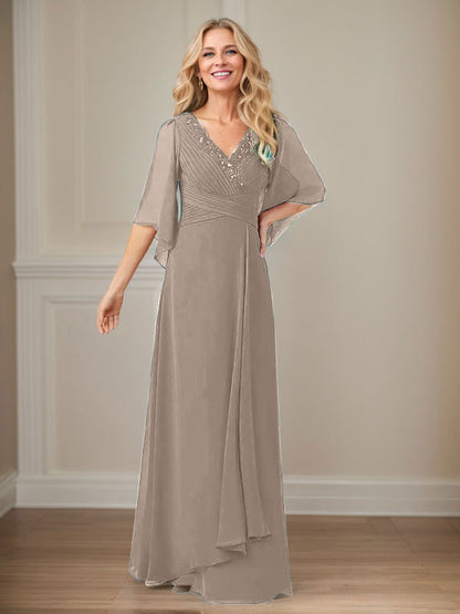 A-Line V-Neck Long Sequins Chiffon Mother Dress
