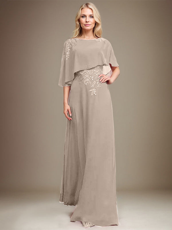 Robe de mère de la mariée en mousseline et dentelle, longueur au sol, en forme de A, décolleté arrondi, ornée de perles et de paillettes