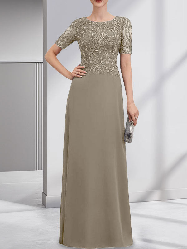 Robe de mère de la mariée en dentelle et mousseline, longueur au sol, en ligne A, décolleté en U, ornée de paillettes