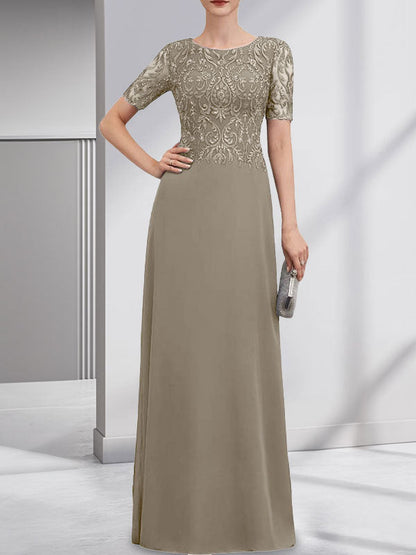 A-Linie U-Ausschnitt Bodenlang Spitzen-Chiffon-Kleid für die Brautmutter mit Pailletten
