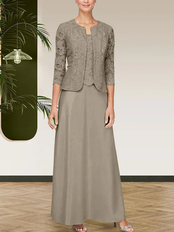 فستان مع جاكيت تنورة من الدانتيل اللامع والساتان مع جاكيت مفتوح