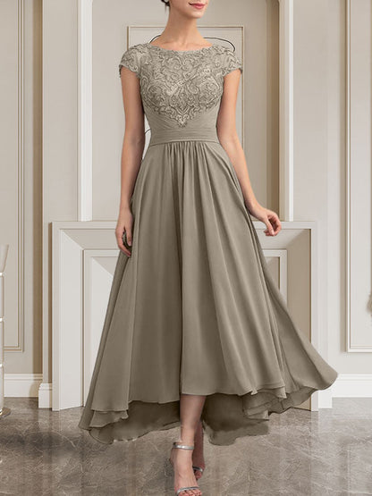 A-Linie U-Ausschnitt Bodenlang Spitzen-Chiffon-Kleid für die Brautmutter mit Pailletten
