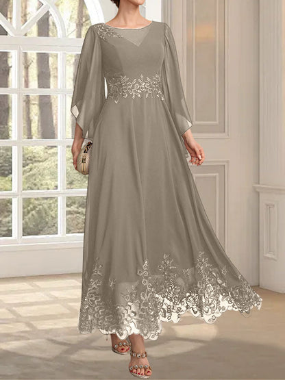 A-Linie, U-Ausschnitt, Illusion, knöchellang, Spitzen-Chiffon, Kleid für die Brautmutter mit Pailletten 