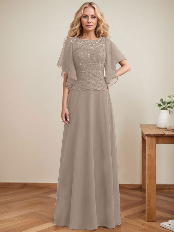 A-Linie, U-Ausschnitt, Illusion, bodenlanges Spitzen-Chiffon-Kleid für die Brautmutter mit Pailletten 