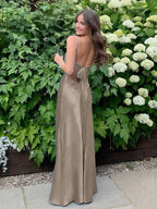 Blue A Line V Neck Beaded Back Tie Long Prom Dress