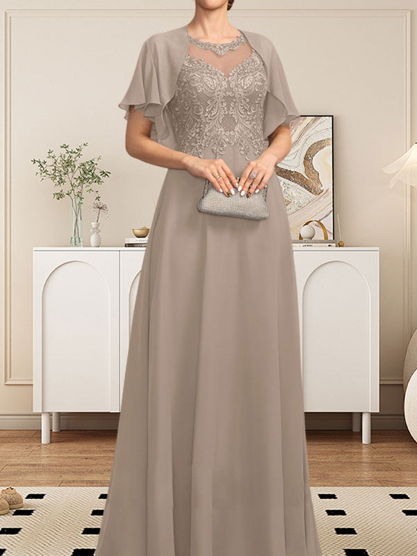 A-Linie, U-Ausschnitt, Illusion, bodenlanges Spitzen-Chiffon-Kleid für die Brautmutter mit Pailletten