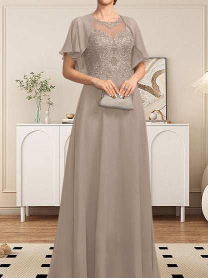 A-Linie, U-Ausschnitt, Illusion, bodenlanges Spitzen-Chiffon-Kleid für die Brautmutter mit Pailletten