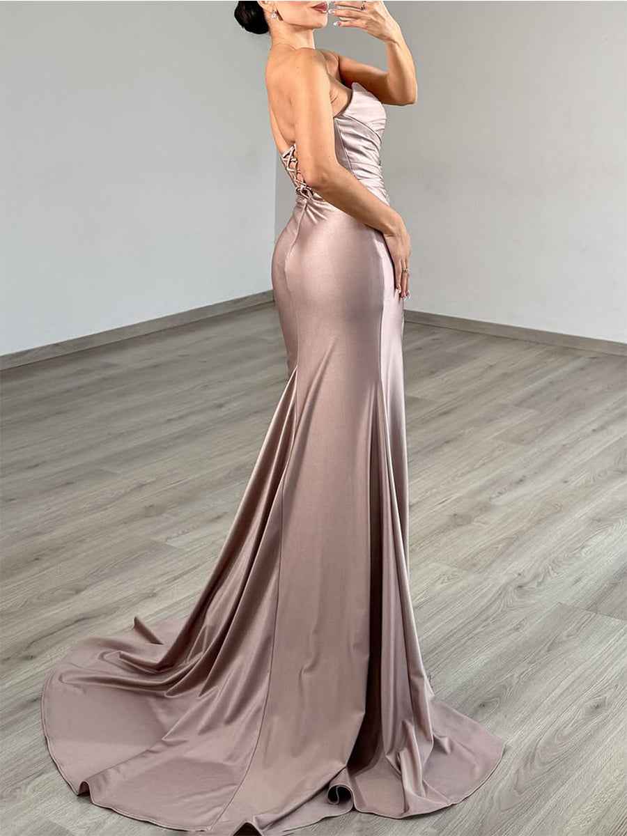 Taupe Strapless Satin Prom Dress With Cutout And Crystal Detail