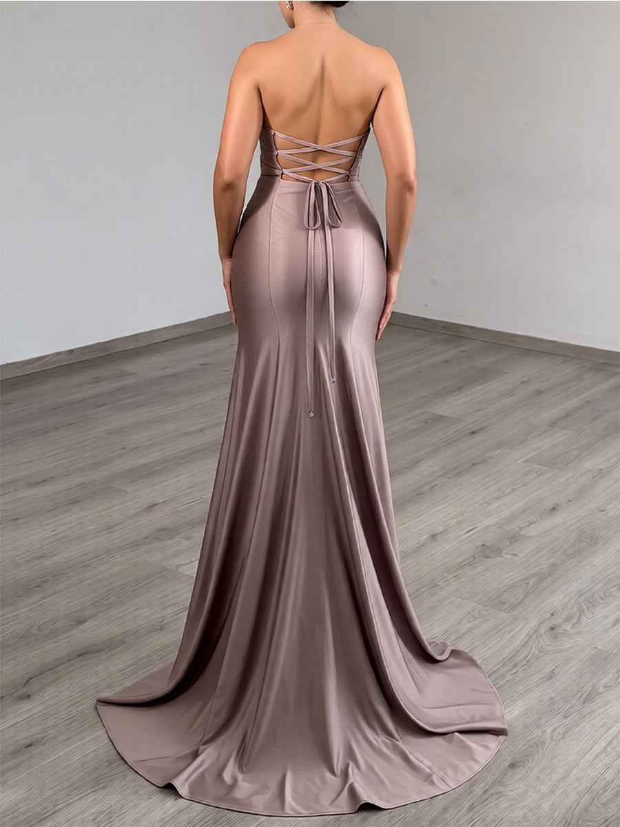 Taupe Strapless Satin Prom Dress With Cutout And Crystal Detail