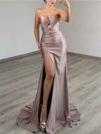 Taupe Strapless Satin Prom Dress With Cutout And Crystal Detail