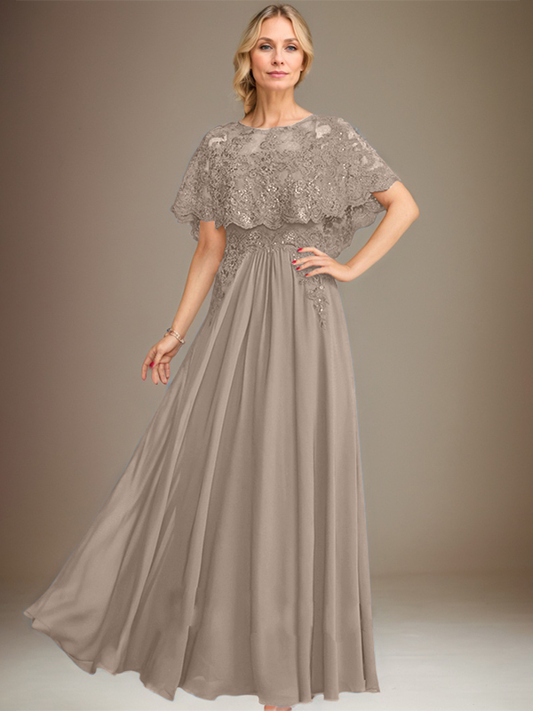 Robe de mère de la mariée en mousseline de soie à dentelle, longueur au sol, en ligne A, col bateau, ornée d'appliques à paillettes