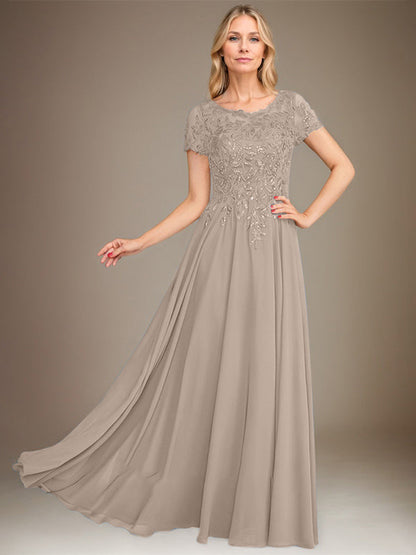 Vestido de gasa para madre de la novia, corte A, largo hasta el suelo, con apliques y lentejuelas 