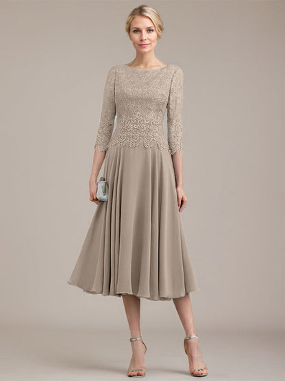 A-Linie U-Ausschnitt Wadenlang Chiffon-Kleid für die Brautmutter 