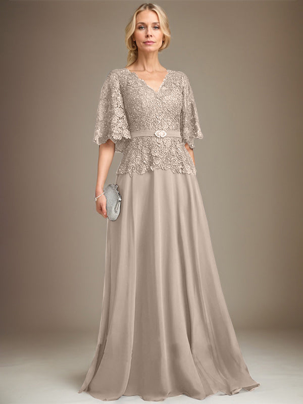 A-Linie V-Ausschnitt Bodenlang Chiffon Spitze Mutter der Braut Kleid Mit Kristall Brosche Strass 