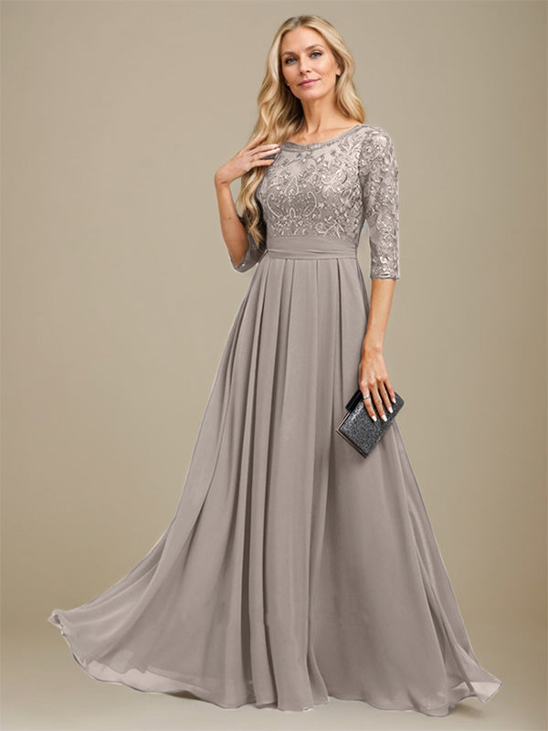 A-Linie U-Ausschnitt Bodenlang Spitzen-Chiffon-Kleid für die Brautmutter mit Paillettenapplikation 