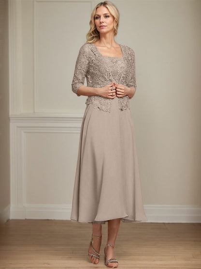 A-Linie Quadratisches Wadenlanges Chiffon-Spitzenkleid für die Brautmutter mit Pailletten und Perlen 