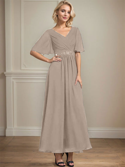 A-line V-Neck Ankle-Length Chiffon Mother of the Bride Dress With Pleated Beading Sequins