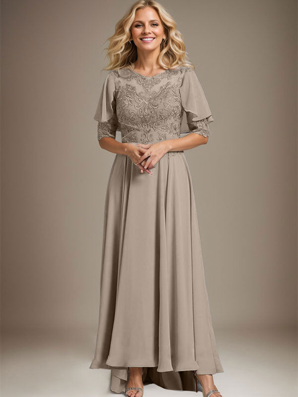 Robe de mère de la mariée en mousseline et dentelle asymétrique à encolure dégagée en ligne A avec perles