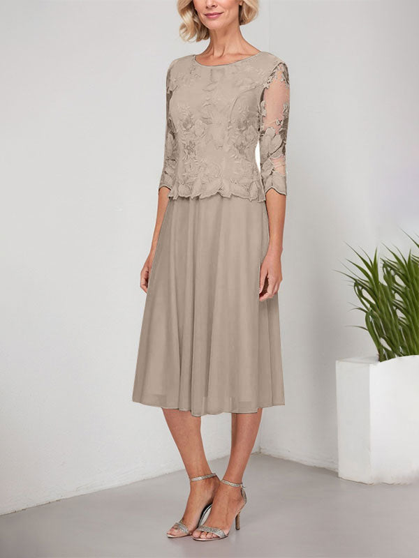 A-Linie U-Ausschnitt Wadenlang Spitzen Chiffon Mutter der Braut Kleid mit Stickerei 