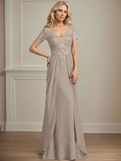 A-Linie V-Ausschnitt Bodenlanges Chiffon-Spitzenkleid für die Brautmutter