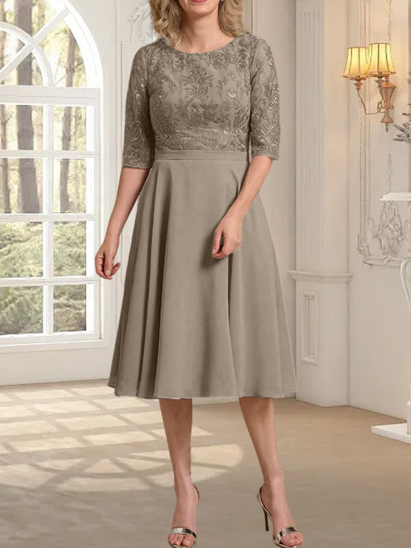 A-Linie U-Ausschnitt Knielang Chiffon Spitzenkleid für die Brautmutter