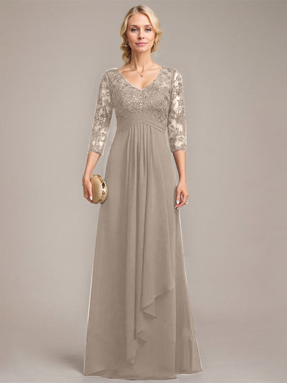 Vestido de madre de la novia de gasa con encaje, escote en V, largo hasta el suelo, con volantes en cascada y lentejuelas 
