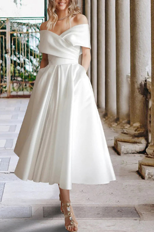 Tea Length Off The Shoulder Beach Satin Wedding Dress with Pockets