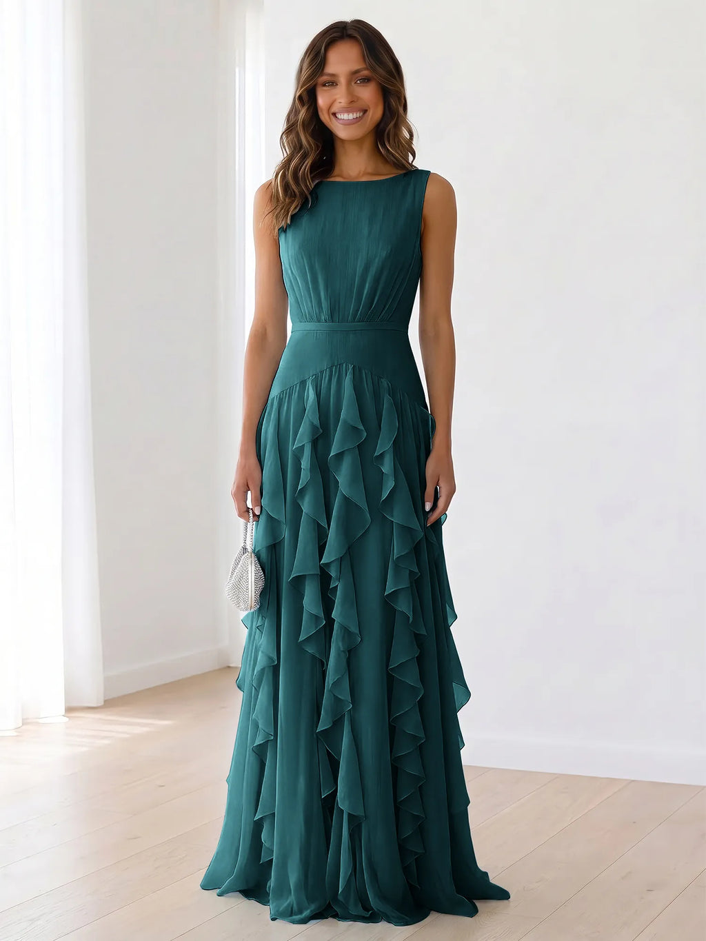 Sky Blue Tiered Chiffon Evening Maxi Dress With Ruched Bodice