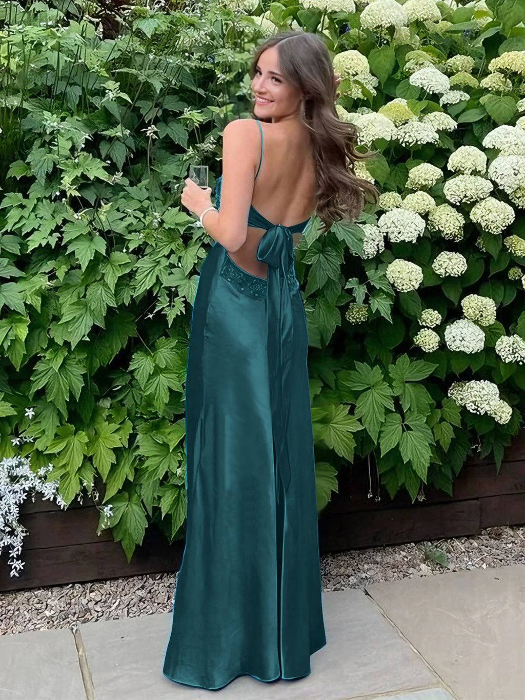 Blue A Line V Neck Beaded Back Tie Long Prom Dress