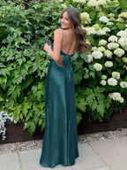 Blue A Line V Neck Beaded Back Tie Long Prom Dress