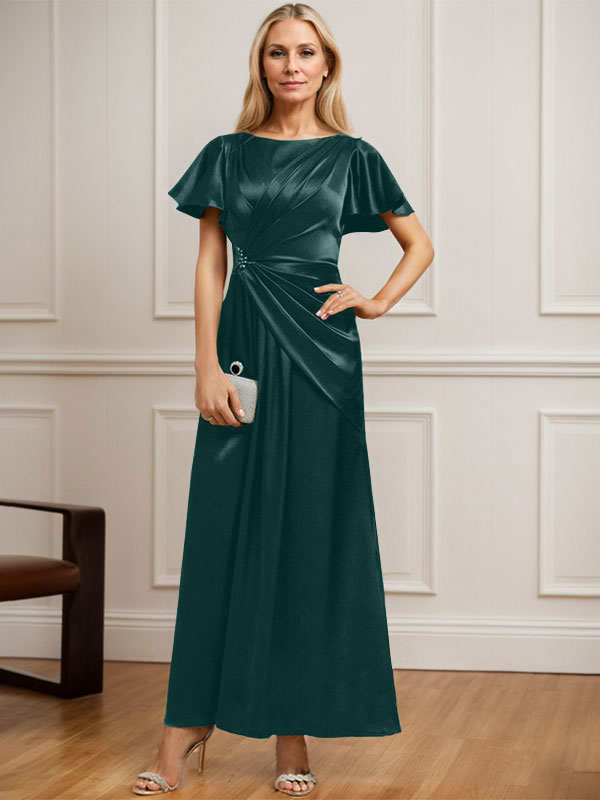 Robe de mère de la mariée en satin extensible, longueur cheville, en ligne A, décolleté arrondi, ornée de perles plissées