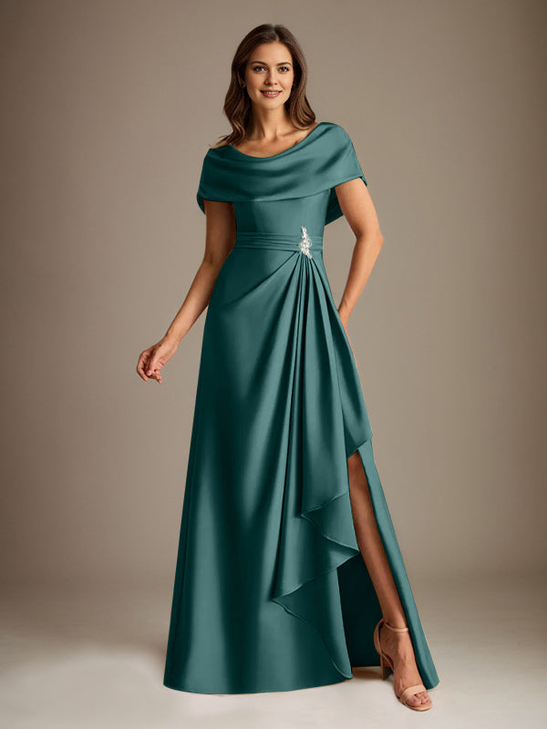 Robe de mère de la mariée en satin extensible, longueur au sol, coupe en A avec encolure dégagée et volants en cascade