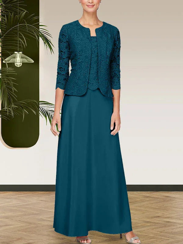 فستان مع جاكيت تنورة من الدانتيل اللامع والساتان مع جاكيت مفتوح