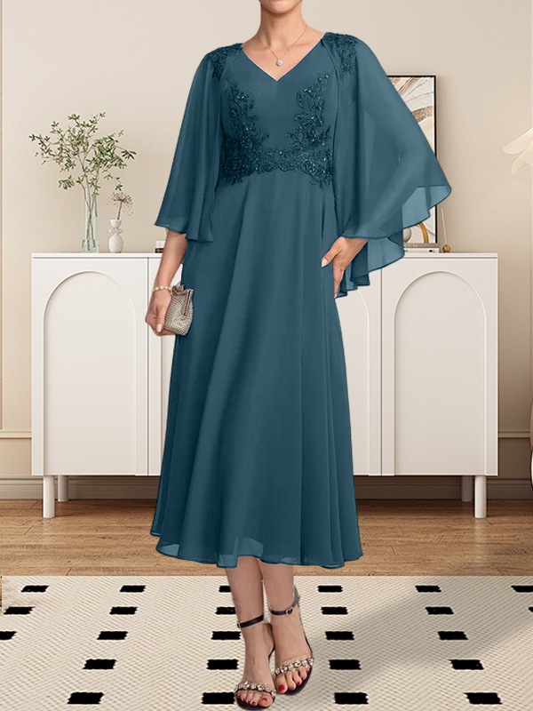 A-Linie, V-Ausschnitt, knielang, Chiffon, Spitze, Kleid für die Brautmutter mit Perlen und Pailletten