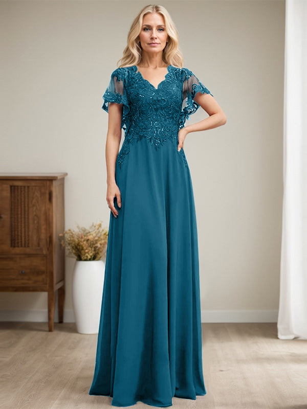 A-Linie V-Ausschnitt Bodenlanges Spitzen-Chiffon-Kleid für die Brautmutter mit Pailletten 