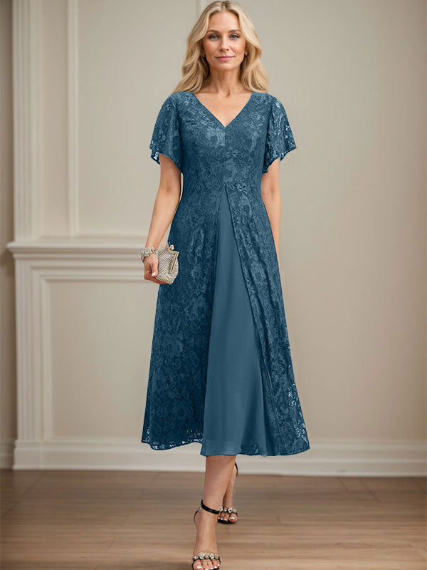 A-Linie V-Ausschnitt Wadenlanges Chiffon-Kleid für die Brautmutter 