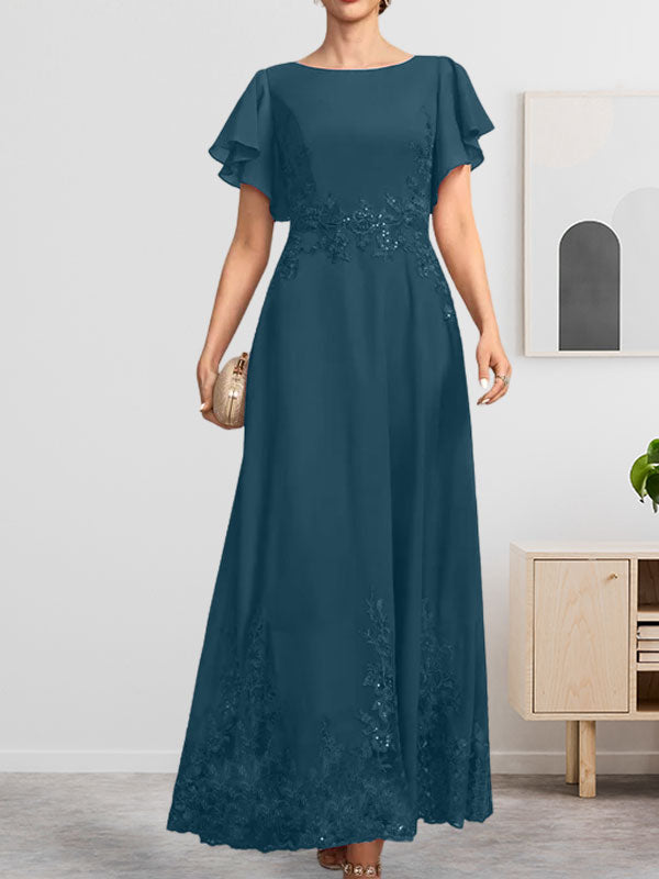 Robe de mère de la mariée en mousseline de soie à dentelle, longueur cheville, en forme trapèze avec décolleté arrondi et paillettes
