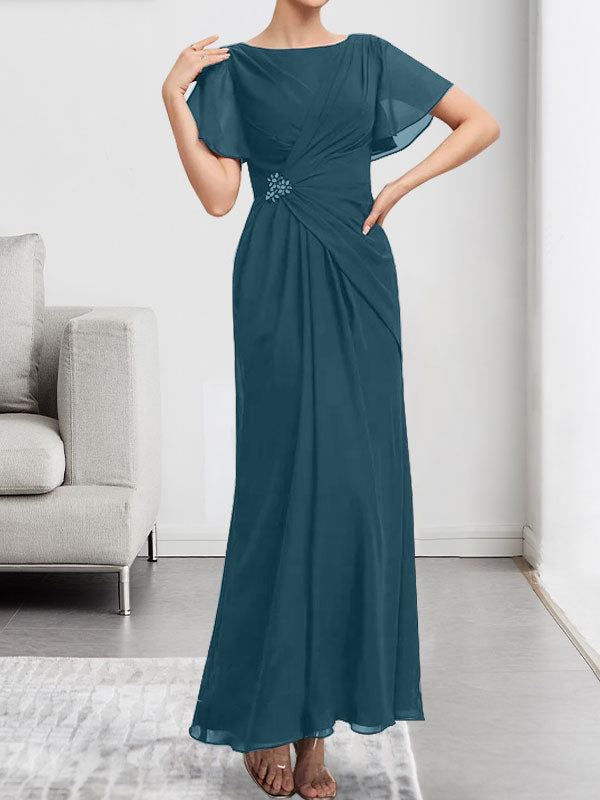 Robe de mère de la mariée en mousseline, longueur cheville, en ligne A, encolure dégagée, ornée de perles et plissée