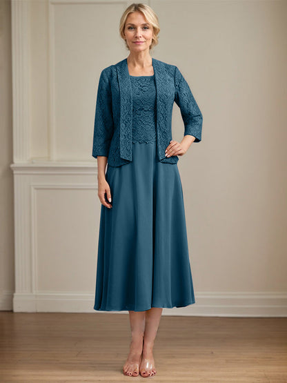 A-Linie U-Ausschnitt Wadenlang Chiffon-Kleid für die Brautmutter 