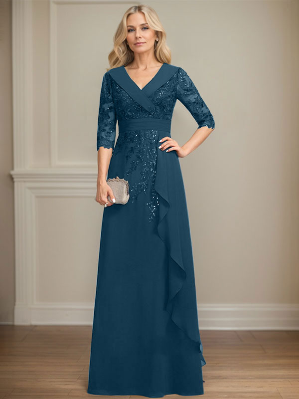Robe de mère de la mariée en mousseline de soie à col en V, longueur au sol, ligne A, avec dentelle, paillettes et volants en cascade
