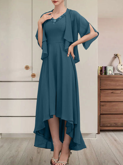 Vestido de gasa asimétrico para madre de la novia con escote en V, corte A y lentejuelas con abalorios