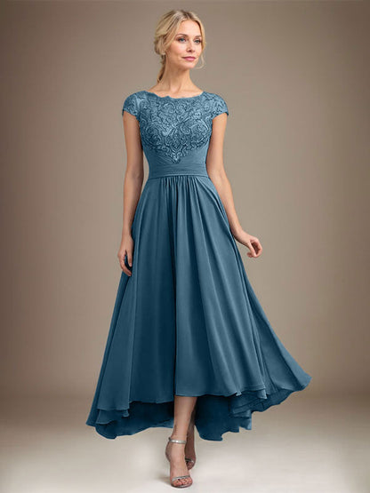 A-Linie U-Ausschnitt Illusion Asymmetrische Spitze Chiffon Mutter der Braut Kleid Mit Plissee 